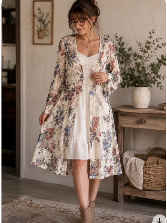 En Créme Sweaters - EN CRÈME Floral Lace Midi Duster Cardigan Coverup